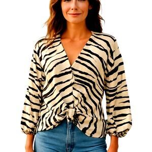 GeeGee Medium Cream Brown Long Sleeve Women's Top Shirt Blouse Miss Size 8 10 M